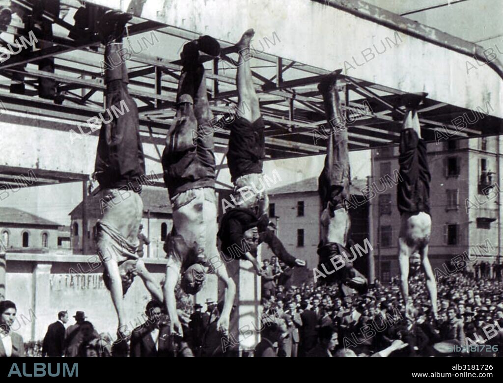The death of Benito Mussolini, the Italian fascist dictator. body of Mussolini (second from left) next to Clara Petacci (middle) and other executed fascists, in Piazzale Loreto, Milan, April 1945.