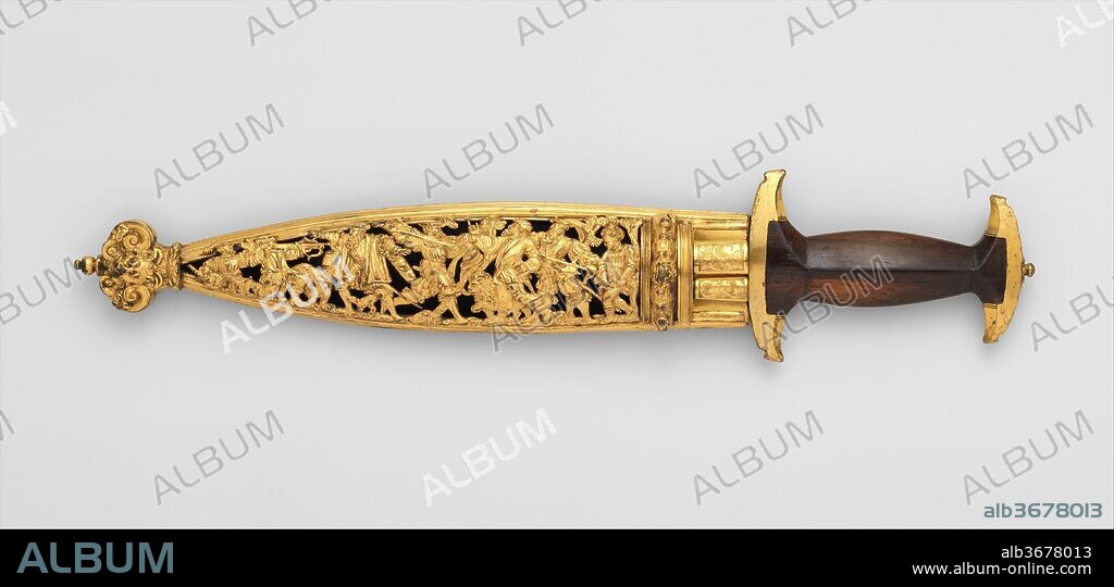 Swiss Dagger with Sheath, Bodkin, and By-Knife. Culture: Swiss. Dimensions: Dagger (04.3.130); L. with sheath 17 5/8 in. (44.8 cm); L. without sheath 15 3/4 in. (40 cm); W. 3 1/2 in. (8.9 cm); Wt. 1 lb. 1.5 oz. (496.1 g); Wt. of sheath 13.3 oz. (377 g); bodkin (04.3.131); L. 7 1/16 in. (17.9 cm); Wt. 0.8 oz. (22.7 g); knife (04.3.132); L. 8 1/16 in. (20.5 cm); W. 5/8 in. (1.6 cm); Wt. 1.1 oz. (31.2 g). Date: ca. 1570.
Daggers with I-shaped grips were known as baselards, after the city of Basel, and were considered a national arm of the Swiss. Splendidly decorated specimens such as this one, with elaborate gilt bronze mounts and scabbards, were worn by officers and wealthy burghers, who usually also held high-ranking positions in the militia. The figural decoration on the scabbard represents the story of William Tell, the Swiss national hero.