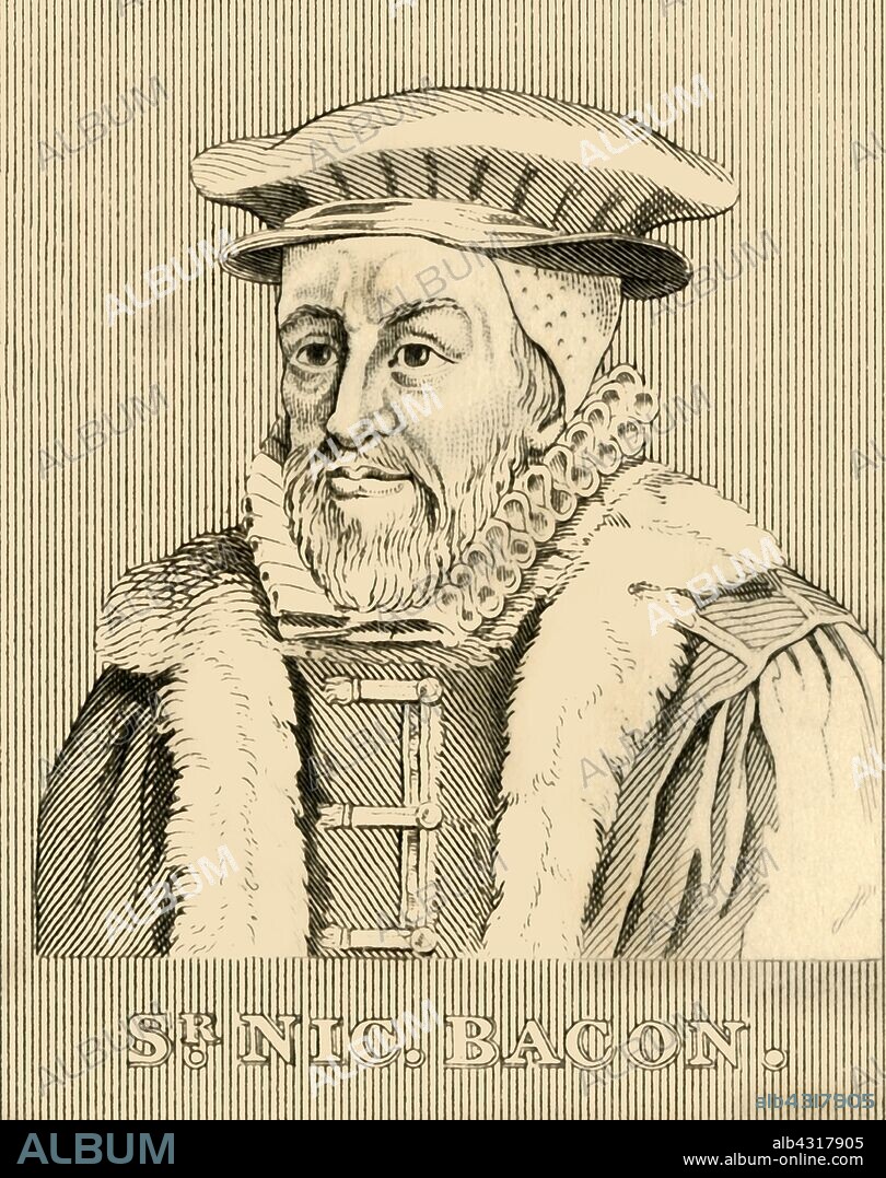 'Sir Nicholas Bacon', (1510-1579), 1830. Sir Nicholas Bacon (1510-1579) English politician during  reign of Queen Elizabeth I and  Lord Keeper of the Great Seal, educated at Corpus Christi College, Cambridge. Father of philosopher and statesman Sir Francis Bacon.  From "Biographical Illustrations", by Alfred Howard. [Thomas Tegg, R. Griffin and Co., J. Cumming, London, Glasgow and Dublin, 1830].