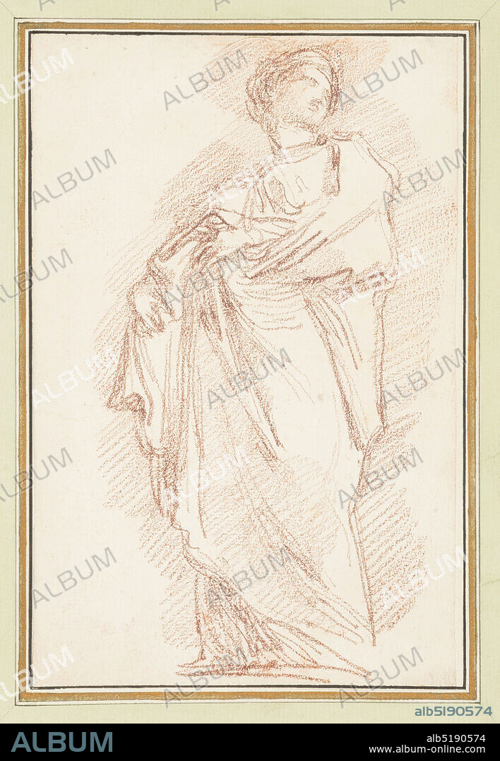 St. Balbina from St. Peter's colonnade, Giovanni Maria de Rossi, Jean-Robert Ango, French, active in Rome 1759 1770, d. 1773, Red chalk on paper, Drawing after statue by Giovanni Maria de Rossi of St. Balbina on the North Colonnade of St. Peter's. She pulls her robes to the right, across her body. She looks to her left. There is a narrow scarf around her neck., France, ca. 175970, figures, Drawing, Drawing.