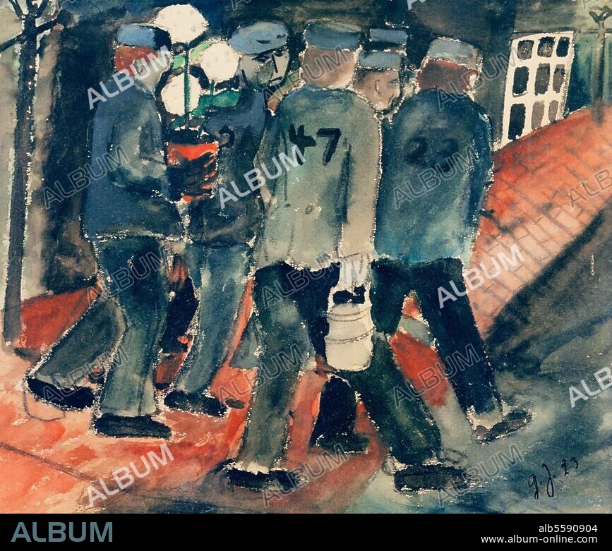 MARGARETE JÜRGENS. Jürgens, Margarethe (Grethe). 1899-1981. "Die Gefangenen", 1923. Aquarell, Farbkreide, Graphit auf Papier, 22,5 × 27 cm. Wiesbaden, Sammlung Frank Brabant.