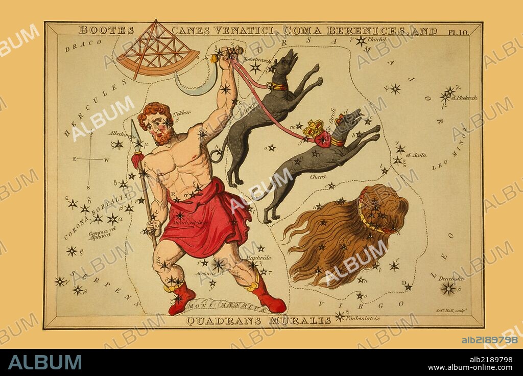 Astronomical chart showing Bootes the Ploughman holding a spear, a sickle, and two dogs, Asterion and Chara, on leash, also showing a quadrant, and the hair of Berenice forming the constellations.