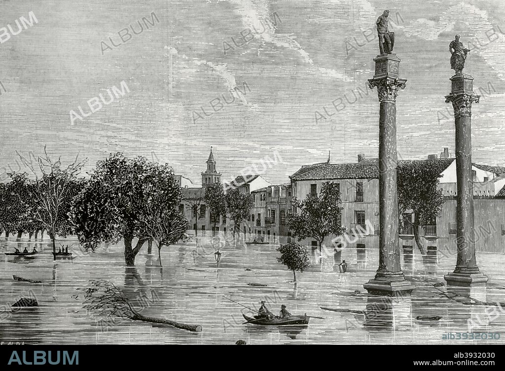Historia de España. Andalucía. Inundaciones en la ciudad de Sevilla. Vista de La Alameda de Hércules en la mañana del día 9 de diciembre de 1876. Desbordamiento del río Guadalquivir. Grabado por Enrique Alba (1848-1920). La Ilustración Española y Americana, 22 de diciembre de 1876. Biblioteca Histórico Militar de Barcelona. Cataluña, España.