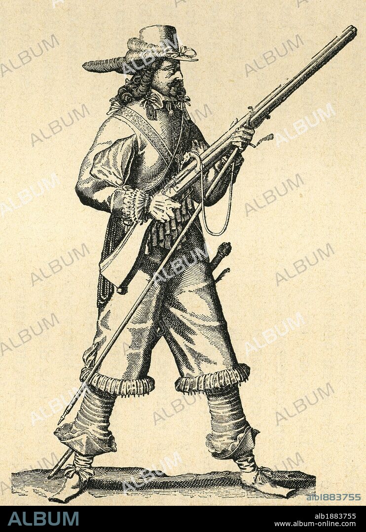 France. Army of the 18th century. Musketeer of the Infantry of Louis XIV with his musket. Engraving.