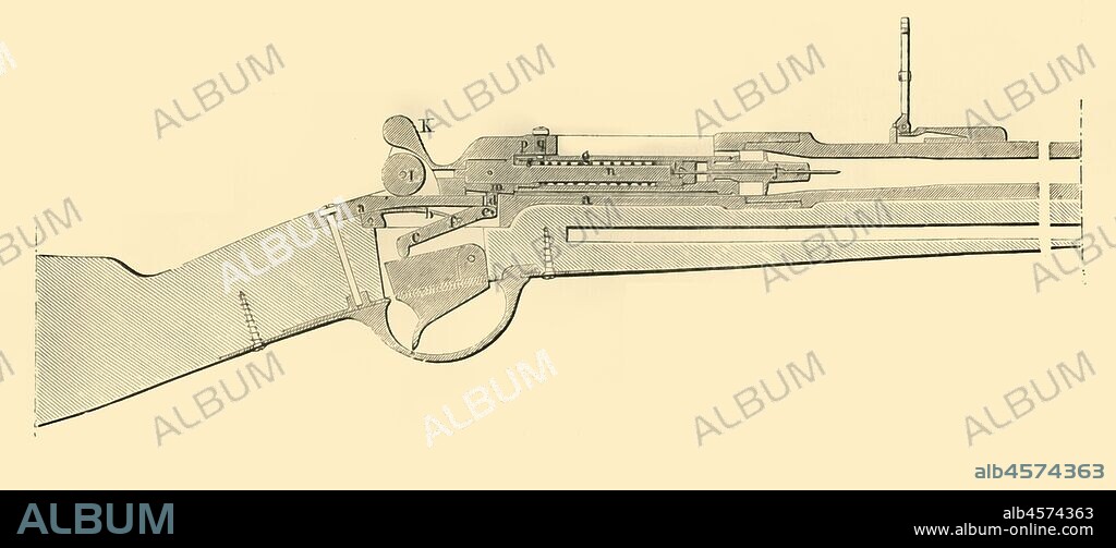 'Chassepot Breech-Loader - Longitudinal Vertical Section', c1872. Diagram of the Chassepot bolt action military breechloading rifle, officially known as Fusil modèle 1866, used by French forces in the Franco-Prussian War of 1870-1871. From "The Franco-Prussian War: its causes, incidents and consequences", Volume I, by Captain H M Hozier. [William Mackenzie, London, 1872].