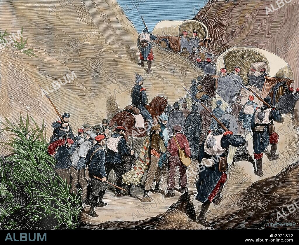 Carlist Wars (Third Carlist War). Prisoners arrested in La Seu d'Urgell through the mountains of the Emporda_, after losing their place on August 27, 1875. Catalonia. Spain. "The Spanish and American Illustration", 1875. Engraving. Colored.