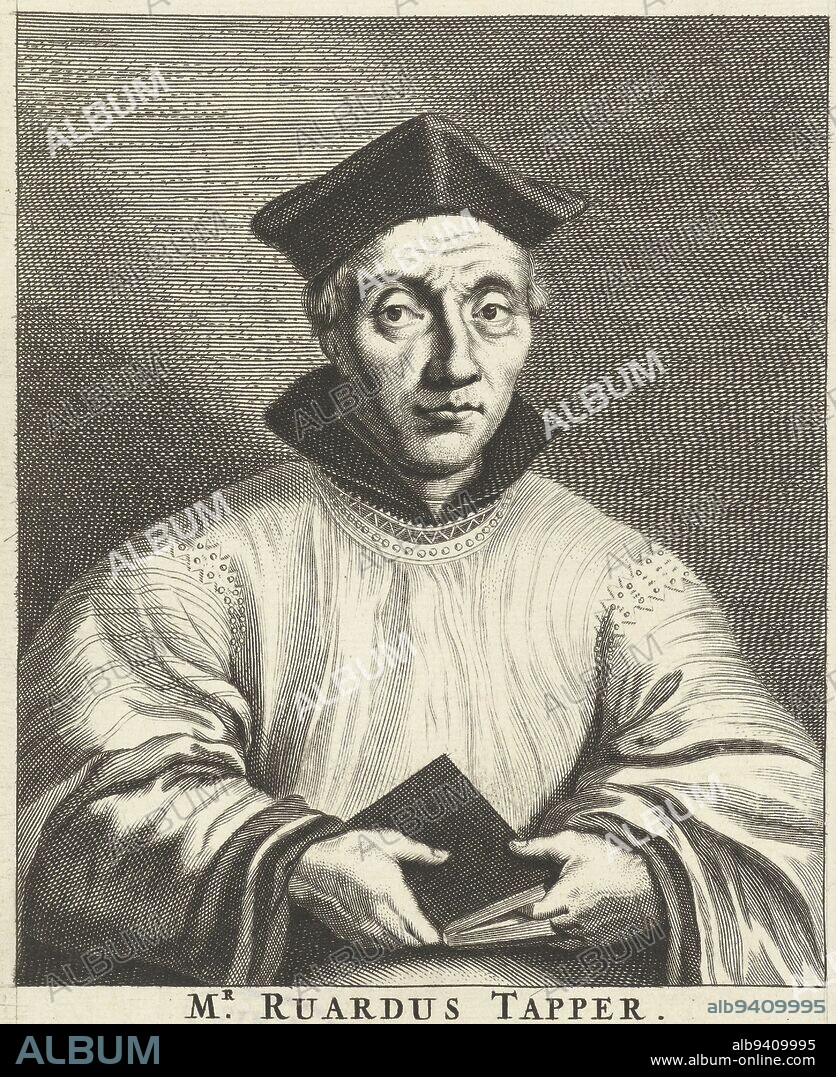 Portrait of Ruardus Tapper, chief inquisitor of Enkhuizen. Below the portrait his name and a six-line verse by G. Brandt, Portrait of Ruardus Tapper, print maker: Hendrik Bary, (mentioned on object), Geeraert Brandt (I), (mentioned on object), Netherlands, 1657 - 1707, paper, engraving, h 172 mm × w 114 mm.