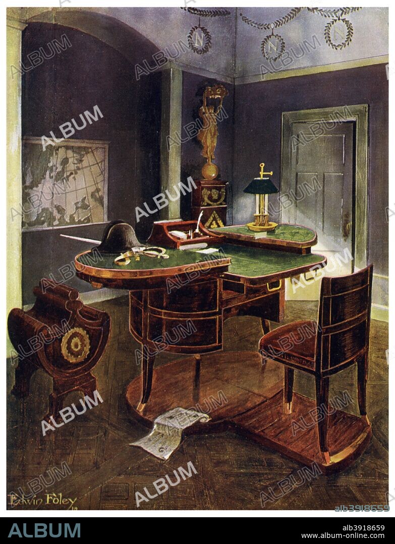 Campaign desk of Napoleon I, Chateau de la Malmaison, France, 1911-1912. A print from The Book of Decorative Furniture its Form, Colour and History, Volume II by Edwin Foley, TC and EC Jack Ltd, London, 1911-1912.
