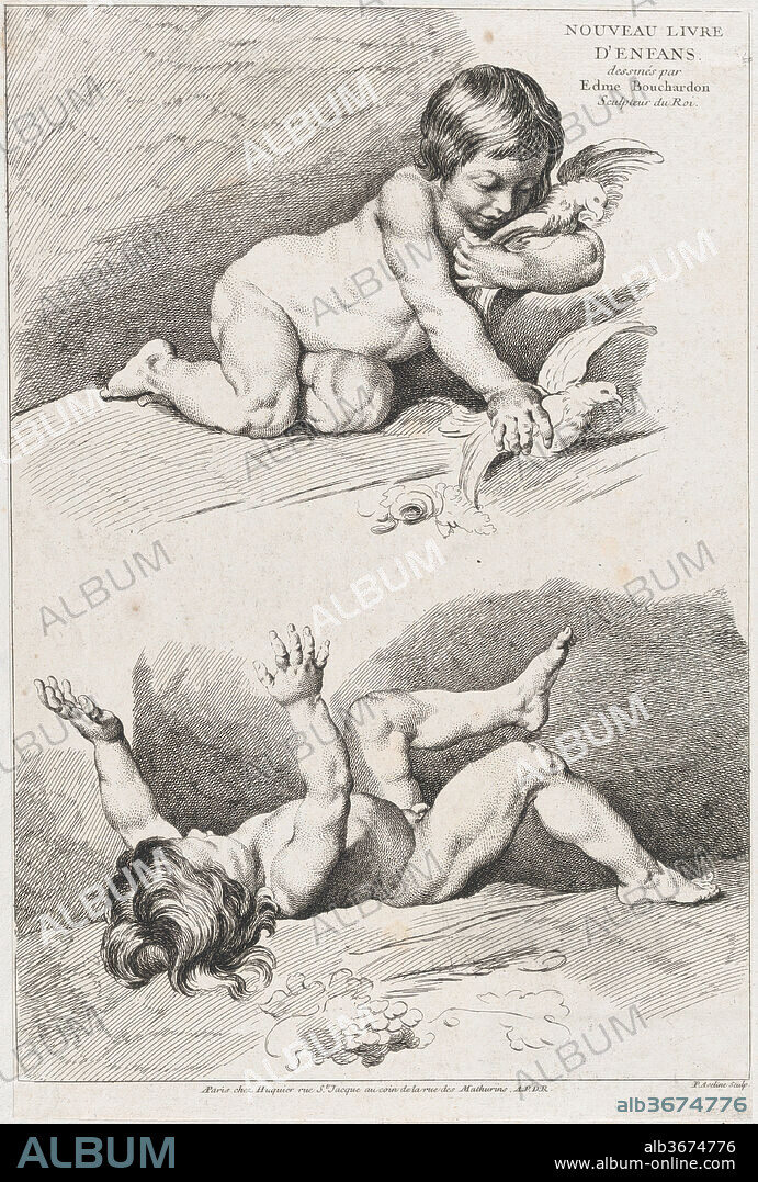 Two nude children playing with a leaf; from New Book of Children. Artist: After Edme Bouchardon (French, Chaumont 1698-1762 Paris); Pierre Alexandre Aveline (French, Paris 1702-1760 Paris). Dimensions: Sheet (trimmed): 10 3/8 × 14 13/16 in. (26.4 × 37.7 cm)
Image: 9 15/16 × 14 13/16 in. (25.3 × 37.6 cm). Publisher: Jacques Gabriel Huquier (French, Paris 1730-1805 Shrewsbury). Series/Portfolio: New Book of Children
(Nouveau livre d'enfans). Date: 1720-60.