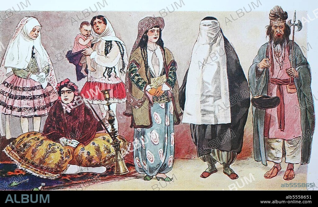 Mode, Kleidung in Persien, Iran, von links, eine Frau aus Shiraz, dann eine reiche Frau, dann eine Krankenschwester mit Kopftuch, eine reiche Frau mit Turban, eine Frau in Straßenkleidung mit Schleier und ein Derwisch, digitale Reproduktion einer Originalvorlage aus dem 19. Jahrhundert, Originaldatum nicht bekannt, Asia.