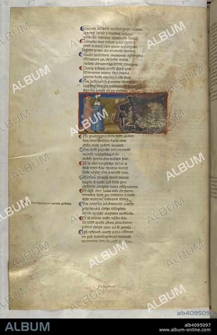 Inferno: Dante and Virgil meeting Ciacco, who prophesies in the rain. Dante Alighieri, Divina Commedia ( The Divine Comedy ), with a commentary in Latin. 1st half of the 14th century. Source: Egerton 943, f.12v. Language: Italian, Latin.