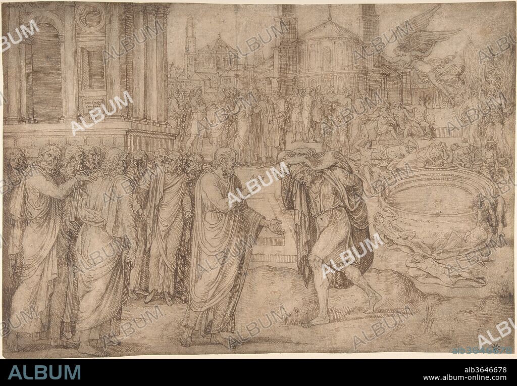 Christ Healing at the Pool of Bethesda. Artist: Lambert Lombard (Netherlandish, Liège 1506-1566 Liège). Dimensions: 10-9/16 x 15-1/4 in.  (26.8 x 38.7 cm); mat size: 16 x 22 in.. Date: 16th century.