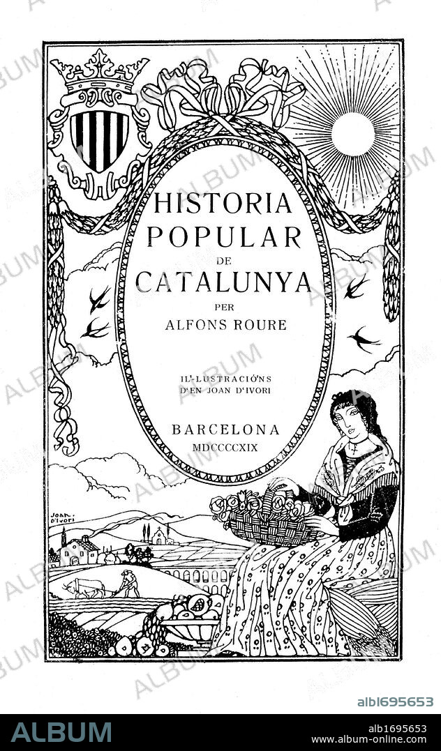 Portada de la Historia popular de Catalunya, de Alfons Roure. Editada en Barcelona, 1919. Dibujo de Joan Vila i Pujol (Joan d'Ivori) (Barcelona, 1890-1947).