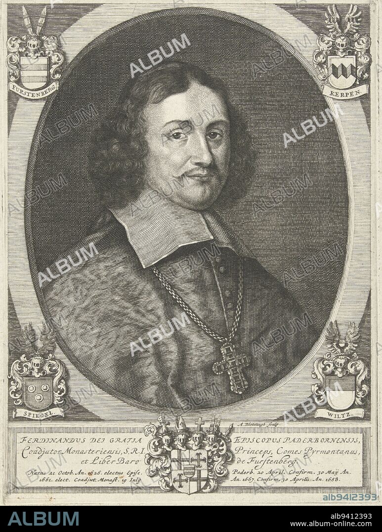 Bust of Ferdinand of Fürstenberg, Prince-Bishop of Paderborn and later of Münster. Below the portrait his episcopal coat of arms. in the corners the coats of arms of his principalities and lordships., Portrait of Ferdinand of Furstenberg, Prince-Bishop of Paderborn, print maker: Abraham Bloteling, (mentioned on object), after: Theodor Caspar baron von Fürstenberg, Amsterdam, (possibly), 1669 - 1672, paper, engraving, h 185 mm × w 138 mm.