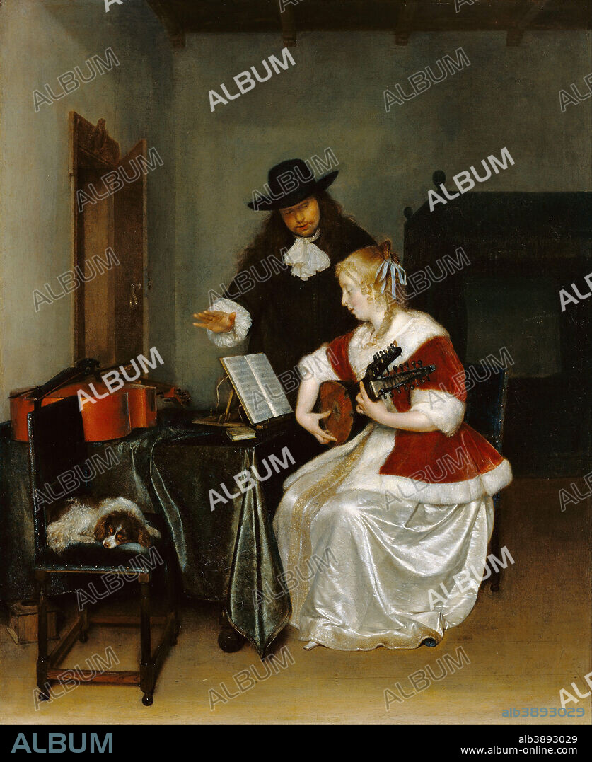GERARD TER BORCH. The Music Lesson. Date/Period: Ca. 1668. Painting. Oil on canvas. Height: 677 mm (26.65 in); Width: 549 mm (21.61 in).