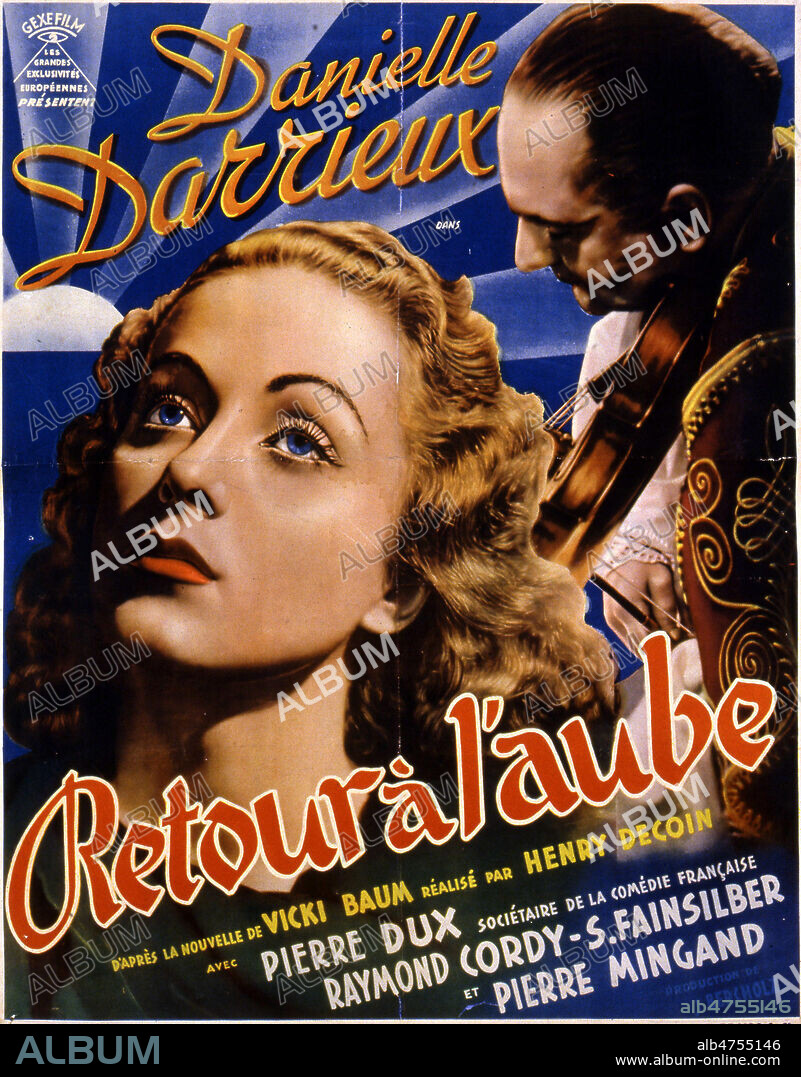 Affiche du film 'Retour a l'aube', realise en 1938 par Henri DECOIN (1896-1969) d'apres la nouvelle de Vicki BAUM, avec Danielle DARRIEUX et Pierre DUX (1908-1990). Illustration anonyme. Credit : Coll. Perron/KHARBINE-TAPABOR.