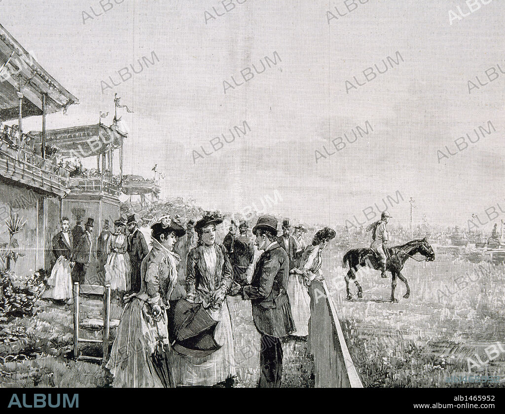 SOCIEDAD ESPAÑOLA. SIGLO XIX. "MADRID. APUESTAS EN LAS CARRERAS DE CABALLOS". Grabado del año 1890.