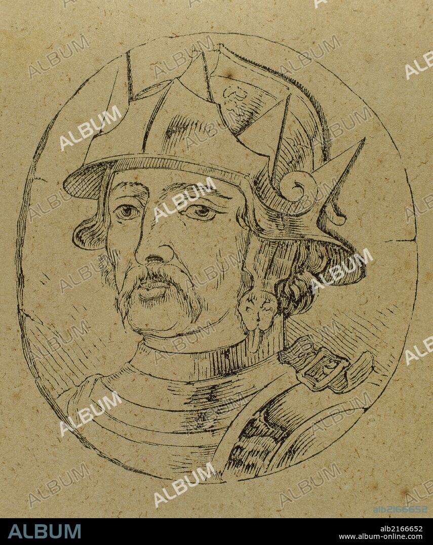 RAMIRO II (m.951). Rey de León (931-951), hijo de Ordoño II. Después de gobernar el territorio portugués (926-931), la renuncia de su hermano Alfonso IV le elevó al trono leonés. Grabado.