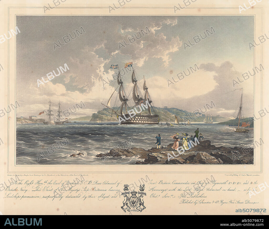 His Majesty's Ship Britannia Leaving Hamoaze with the Lord High Admiral On Board, Louis Haghe, 18061885, British, after T. L. Hornbrook, 17801850, British, Printed by William Day, 18241913, British, ca. 1840, Lithograph, hand-colored on moderately thick, slightly textured, cream wove paper, Sheet: 14 1/2 x 19 3/16 inches (36.9 x 48.8 cm) and Image: 9 3/16 x 14 5/8 inches (23.3 x 37.2 cm), armed forces, boats, buildings, clouds, coastline, dogs (animals), flags, genre subject, hats, hills, marine art, masts, men, observers, ocean, rigging, rocks (landforms), Royal Navy, sails, sea, ships, trees, warships, watching, waves (natural events), wind, women, England, Europe, Hamoaze, Tamar, United Kingdom.