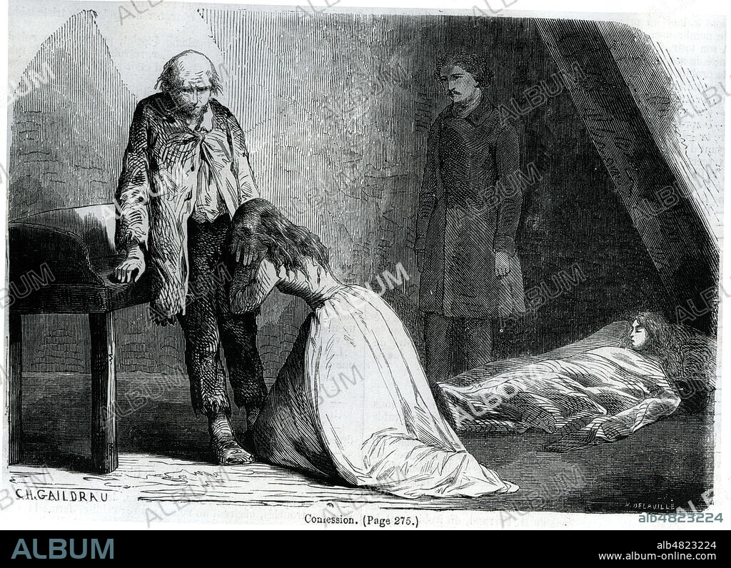 'Confession'. Illustration par Gaildrau pour Les Mysteres de Paris d'Eugene SUE (1804-1857). Credit : Collection KHARBINE-TAPABOR.