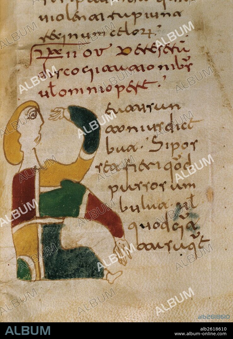 EPOCA VISIGODA. ESPAÑA. "MISCELANEA PATRISTICA". Volúmen en pergamino. Fechado el año 938. Escrito en escritura minúscula visigoda, a dos columnas. Títulos e iniciales en color azul y rojo. Abundan las iniciales ornamentadas con diversos motivos de figuras humanas y zoomórficas. Archivo Capitular de la Seu d'Urgell. Cataluña.