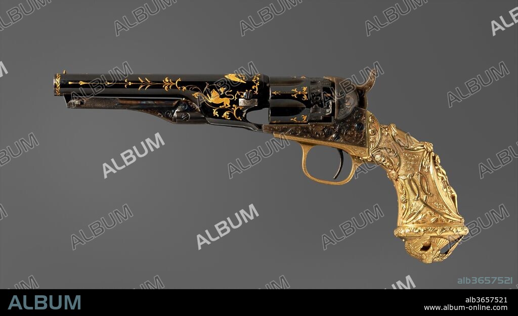 Colt Model 1862 Police Revolver, Serial No. 38549. Culture: American, Hartford, Connecticut and New York. Designer: Grip designed by John Quincy Adams Ward (American, Urbana, Ohio 1830-1910 New York). Dimensions: L. of pistol 11 in. (27.9 cm); Cal. .36 in. (9.1 mm). Manufacturer: Colt's Patent Fire Arms Manufacturing Company (American, Hartford, Connecticut, 1855-present). Date: ca. 1868.
The ornate brass grip of this pistol features a female figure representing Christianity and Justice. John Quincy Adams Ward created the original model of the grip for a pair of pistols presented by President Abraham Lincoln to the governor of Adrianople (present-day Edirne, Turkey) in 1864. The grip of the pistol displayed here was probably cast from the same mold shortly after that. Ward was relatively unknown at the time, but soon became one of America's most celebrated sculptors.