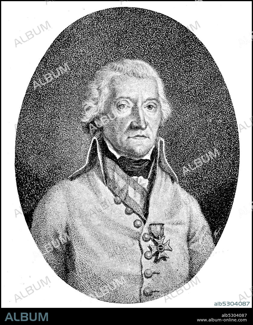 Johann Conrad Friedrich Freiherr von Hotze, actually Johann Konrad Hotz, April 20, 1739 - September 25, 1799, was an imperial-royal field marshal lieutenant, of Swiss origin  /  Johann Konrad Friedrich Freiherr von Hotze, eigentlich Johann Konrad Hotz, 20. April 1739 - 25. September 1799, war ein kaiserlich-königlicher Feldmarschallleutnant, schweizerischer Herkunft, Historisch, historical, digital improved reproduction of an original from the 19th century / digitale Reproduktion einer Originalvorlage aus dem 19. Jahrhundert,.