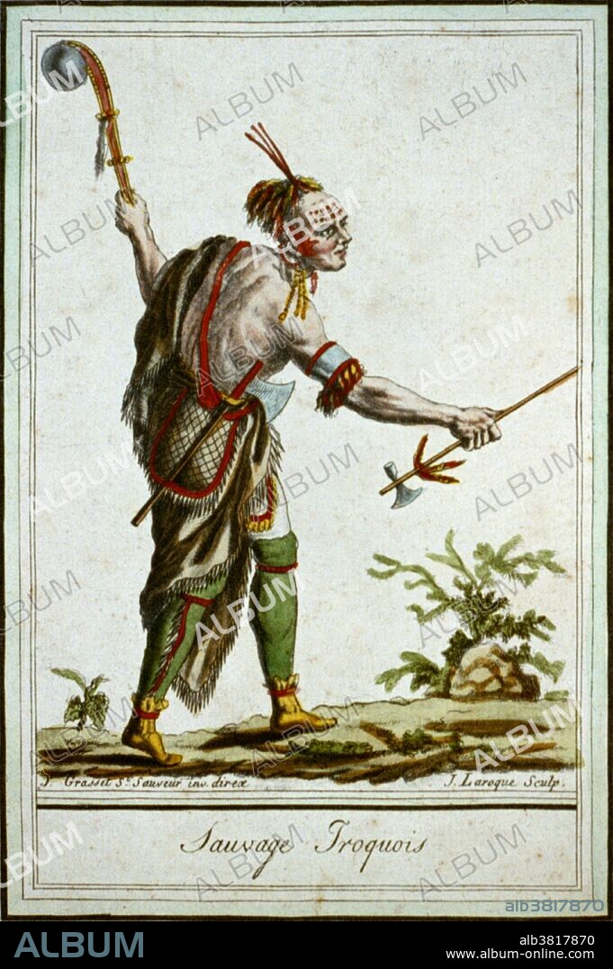 Entitled: "Sauvage Iroquois" showing an Indian holding tomahawk and club, colored engraving by J. Laroque after drawing by Jaques Grasset de Saint-Sauveur, 1796. The Iroquois, also known as the Haudenosaunee, or the Six Nations, (the Five Nations before 1722), are a historically powerful and important northeast Native American confederacy comprised of the Six Nations: Mohawk, Onondaga, Oneida, Cayuga, Seneca and Tuscarora. The Ball-Headed War Clubs, used by the Iroquois and Algonquian tribes of the eastern woodlands, were asymmetrical, often curved wooden clubs with the handle and heavy round head both carved from a single piece of wood. Nearly every Native American tribe used some form of bow and arrow as a weapon for hunting, war, or both. Most Native American bows were made of wood with bowstrings made from sinew. Arrows were wooden with arrowheads made of flint or another hard stone, although some tribes used copper or bone arrowheads, and hunting arrows intended for small game like birds often had no arrowhead at all and were simply sharpened shafts of wood. American Indian arrows were nearly always fletched with feathers to make them fly straighter.