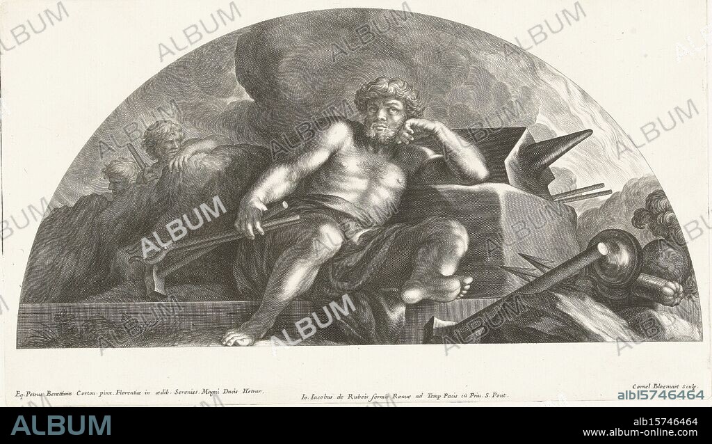 Vulcanus, Vulcanus, god of fire and blacksmith among the gods, sits on a stone in front of the crater of a volcano. He is holding a hammer and fire tongs in his hand. Print from a series of four prints after frescoes by Pietro da Cortona., print, print maker: Cornelis Bloemaert (II), (mentioned on object), after painting by: Pietro da Cortona, (mentioned on object), publisher: Giovanni Giacomo de'Rossi, (mentioned on object), Rome, 1637 - 1692, paper, engraving, height, 200 mm × width, 343 mm.