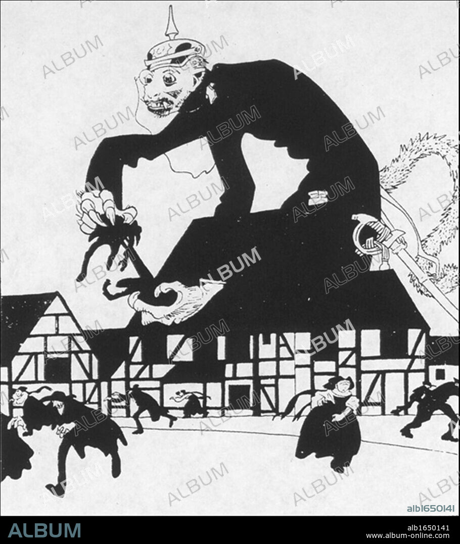 Simplicissimus, November 1913. Cartoon depicting the Zabern Affair: 'The Alsatian Bogeyman'. Germany annexed Alsace-Lorraine in 1871: A Prussian lieutenant used a derogatory term to refer to an Alsatian recruit. He then faced threats from the local population. The army responded by imprisoning citizens. The cartoon shows Alsatian citizens and a larger-than-life Prussian officer.