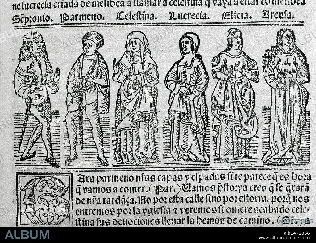 LITERATURA CASTELLANA. S. XV. "LA CELESTINA" o "TRAGICOMEDIA DE CALISTO Y MELIBEA" (1499), obra escrita por el escritor español Fernando DE ROJAS (Puebla de Montalbán, h. 1465-Talavera de la Reina, 1541). Representación de los personajes SEMPRONIO, PARMENO, CELESTINA, LUCRECIA, ELICIA Y AREUSA". Grabado de la edición impresa en Burgos en 1531. Biblioteca de Cataluña. Barcelona.