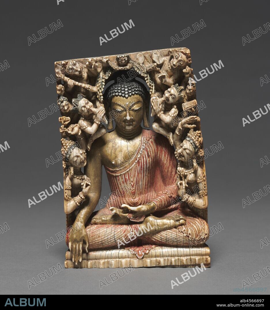Temptation of Buddha by the Evil Forces of Mara, 700s. Intimate shrines for personal meditation practices contained scenes from the life of the Buddha. In an episode just prior to his achievement of enlightenment, the Buddha sat in meditation and faced personifications of the final obstacles. In this exquisite rendering derived from the Greco-Roman realism of Gandharan art, demons attack him in an attempt to scare him off the path. Seductive women do their best to distract him. He remains placid and firm in his conviction that these beings have no inherent reality, and he renders them powerless.
