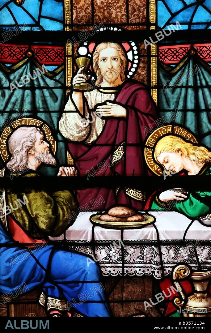 Moulins cathedral. Stained glass window. The Last Supper is the final meal that Jesus shared with his Apostles in Jerusalem.  Moulins. France.