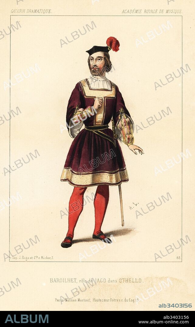French baritone Paul Barroilhet as Iago in the opera Othello by Gioachino Rossini, Academie Royale du Musique, 1844. Handcoloured lithograph after an illustration by Alexandre Lacauchie from Victor Dollet's Galerie Dramatique: Costumes des Theatres de Paris, Paris, 1845.