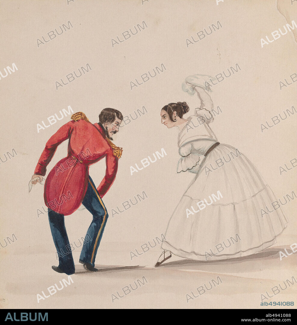 Attributed to Francisco (Pancho) Fierro, A Peruvian man and woman dancing the Zamacueca, from a group of drawings depicting Peruvian costume, Attributed to Francisco (Pancho) Fierro (African Peruvian, 18071879), ca. 1848, Watercolor, Sheet: 8 11/16 × 8 1/16 in. (22 × 20.5 cm), Drawings.