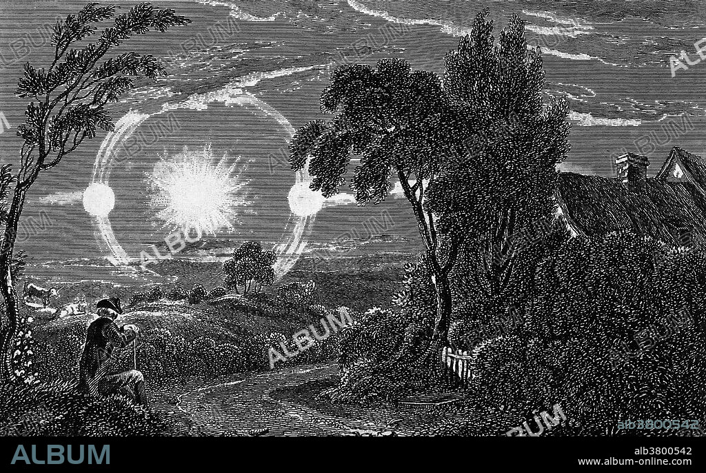 An atmospheric condition giving the effect of two suns. Engraving by Alexander Hay, 1820, after H. D. Craig. A sun dog (or sundog), mock sun, phantom sun, or parhelion, is an atmospheric phenomenon that creates bright spots of light in the sky, often on a luminous ring or halo on either side of the sun.