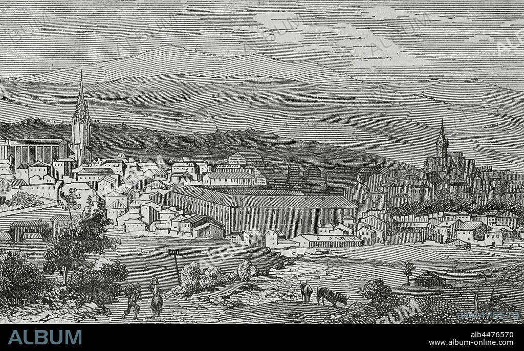 Spain, Asturias, Oviedo. Panoramic of the city. Illustration by Urrabieta. Detail. Engraving, 19th century. Cronica General de Espa–a, Historia Ilustrada y Descriptiva de sus Provincias. Asturias and Leon, 1867.