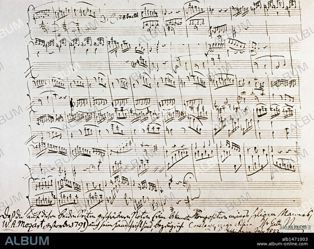 MOZART, Wolfgang Amadeus (1756-1791). Compositor austríaco. Parte final del primer movimiento de la SONATA PARA PIANO EN SI BEMOL, K.570, compuesta por Mozart en 1789.