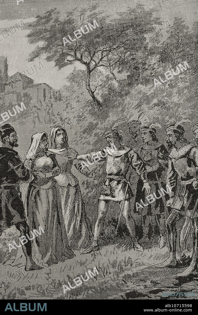 Sicilian Vespers, 1282. Massacre of the French in Sicily. Tradition establishes the origin of the rebellion on 30 March 1282 in the Church of the Holy Spirit in Palermo, where Easter Monday was being celebrated. Many of the city's inhabitants had gathered there the sunset prayer marking the beginning of the night vigil. In the square next to the church, the faithful were waiting for Vespers to begin when a group of drunken Frenchmen, one of them a sergeant, approached a young married woman and began to harass her. Her husband stabbed him in response. The rest of the Frenchmen came to his aid and avenged him, but the more numerous Palermitans surrounded them and killing them all just as the church bells, and those of the whole town, began to ring. Engraving depicting French soldiers outraging a young Sicilian noblewoman. "Glorias Españolas" (Glories of Spain). Volume II. Published in Barcelona, 1890.