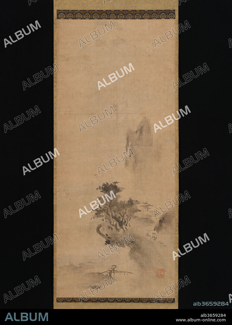 Splashed-Ink Landscape. Artist: Bokusho Shusho (Japanese, active late 15th-early 16th century). Culture: Japan. Dimensions: Image: 31 1/2 × 13 3/8 in. (80 × 33.9 cm)
Overall with mounting: 59 13/16 × 14 3/16 in. (152 × 36 cm)
Overall with knobs: 59 13/16 × 16 1/16 in. (152 × 40.8 cm). Date: early 16th century.
This evocative painting by Bokusho is a variation on a celebrated landscape in the haboku (splashed-ink) technique by the great master Sesshu Toyo (1420-1506), which is now in the Tokyo National Museum. The technique, in which dark ink is applied rapidly over still-wet, light washes to create a soft, diffused effect, with neither well-defined contour lines nor explicit details, evokes an intuitive and contemplative mindset associated with Zen Buddhist spiritual practice. The artist Bokusho, a high-ranking Rinzai Zen monk, also achieved renown in literary circles in Kyoto and later moved to western Honshu, where he befriended the famed ink painter Sesshu.
The abbreviated, mist-laden scene is also reminiscent of the work of the thirteenth-century Chinese artist Yujian, whose ink landscape paintings were much admired in Japan.