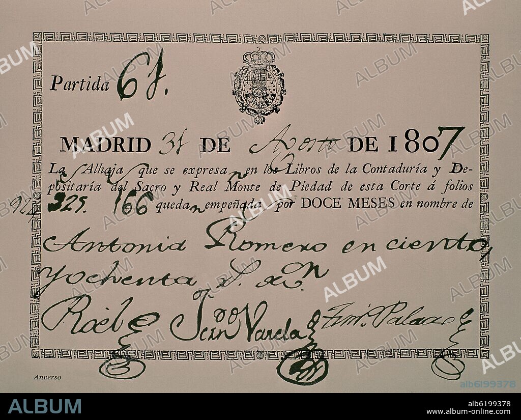 TARJETA DE EMPEÑO MONTE PIEDAD DE MADRID 1798.
