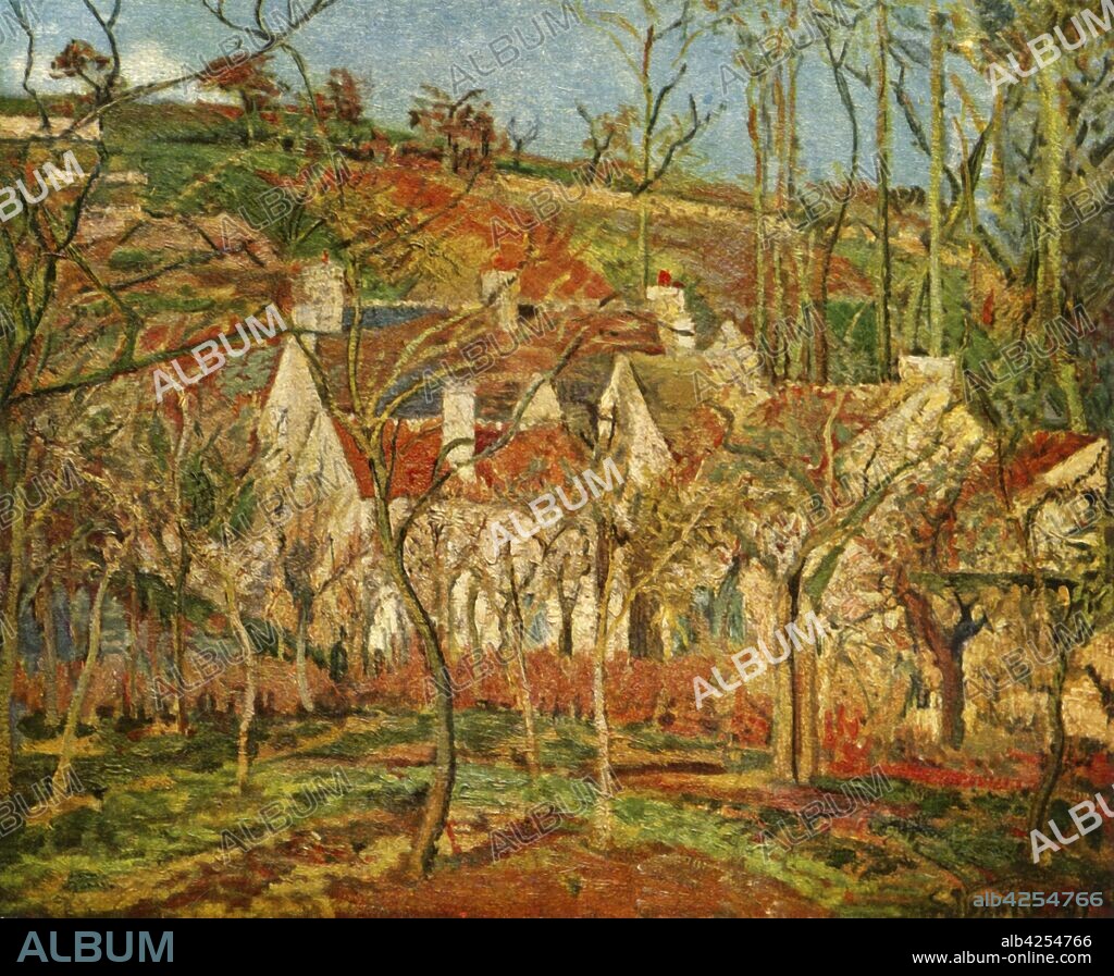 'The Red Roofs', 1877, (1939). 'Les toits rouges, coin de village, effet d'hiver'. Red roofs, corner of a village, winter. Bare trees in a French village. Painting in the Musée d'Orsay, Paris. From "Camille Pissarro", by John Rewald. [Collins, London, 1939].