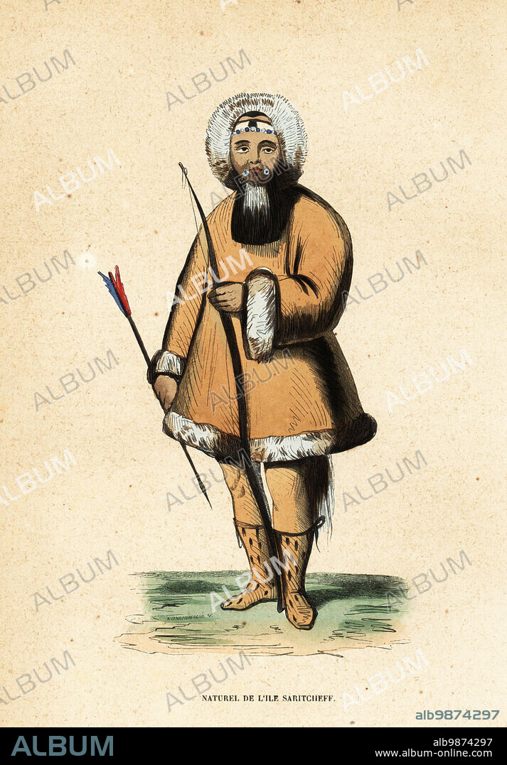 Native (Inupiat) man of Sarichef Island, Alaska. He wears a hooded parka or anorak, trousers and boots of animal skin, holding a bow and arrow. His mouth has piercings of walrus-ivory rings. Naturel de lile Saritcheff. Handcoloured woodcut by A. Vangauberghe from Auguste Wahlen's Moeurs, Usages et Costumes de tous les Peuples du Monde, (Manners, Customs and Costumes of all the People of the World) Librairie Historique-Artistique, Brussels, 1845. Wahlen was the pseudonym of Jean-Francois-Nicolas Loumyer (1801-1875), a writer and archivist with the Heraldic Department of Belgium.