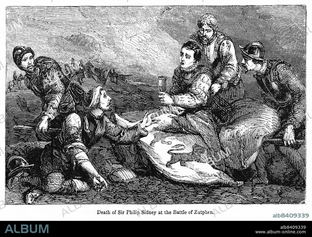 Death of Sir Philip Sidney at the Battle of Zutphen, Illustration from the Book, John CasselÄôs Illustrated History of England, Volume II, text by William Howitt, Cassell, Petter, and Galpin, London, 1858.