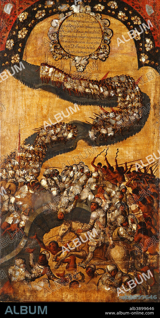 MIGUEL GONZALES. "La Conquista de México" -- panel 13. Date/Period: Last quarter XVII century. Painting. Height: 1,000 mm (39.37 in); Width: 520 mm (20.47 in).