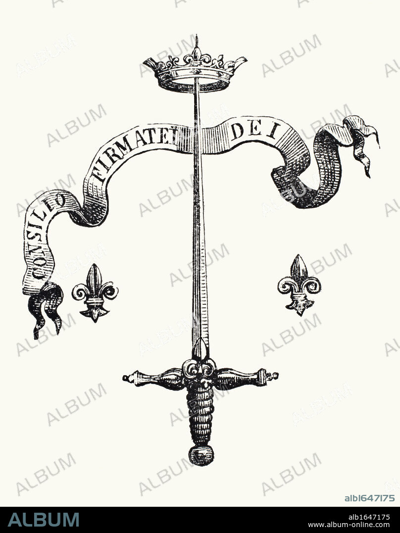 Coat of arms of the family of Joan of Arc, alias Du Lye. The blade of a silver sword, the point supporting a golden crown, and flanked with two Fleurs-de-lis, with the motto Consilio firmatei Dei. This Coat of Arms was composed by Charles VII in 1429. From Science and Literature in The Middle Ages by Paul Lacroix published London 1878.