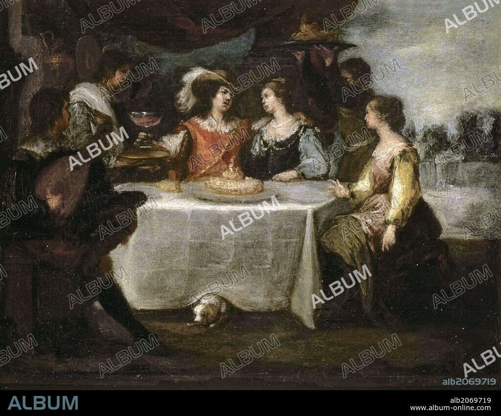 BARTOLOMÉ ESTEBAN MURILLO. Bartolomé Esteban Murillo / 'La disipación del hijo pródigo', Hacia 1660, Escuela Española, Óleo sobre Lienzo, 27 cm x 34 cm, P00999.