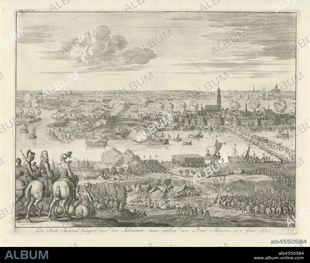 Siege of Zaltbommel by Mendoza, 1599 The City of Bommel besieged by the Admirant, but redeemed by Prince Maurits, in t 'Year 1599 (title on object), The siege of the city of Zaltbommel by the Spanish army under Mendoza and defended by the State army under Maurits, May-June 1599. Wide view of the city from the Spanish army camp across the Waal, in the foreground Mendoza with officers on horseback. Print top left marked: Tom: I. No. 37, siege, position war, Bommel, Maurits (Prince of Orange), Francisco Hurtado de Mendoza, Jan Luyken, Amsterdam, 1679 - 1681 and/or 1730, paper, etching, h 273 mm × w 345 mm.