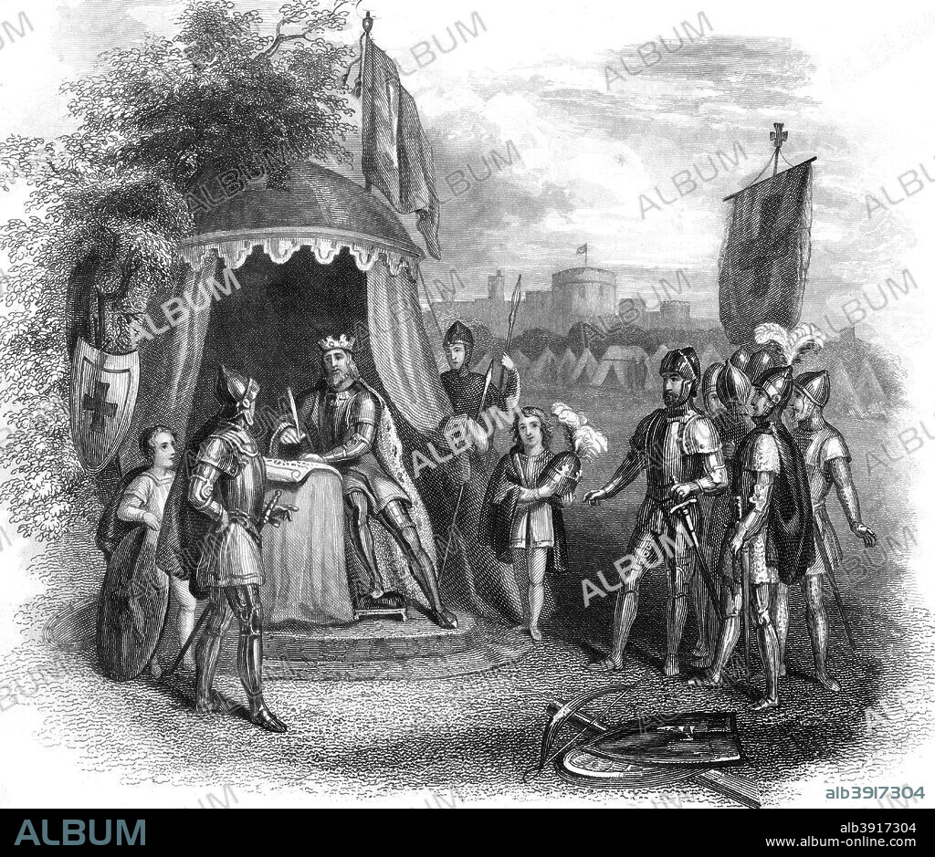 King John signing the Magna Carta, Runnymede, Surrey, 1215. Magna Carta, also called Magna Carta Libertatum, is an English charter originally issued in 1215. The charter limited the rights of the monarch and is regarded as being the first step in establishing the rule of constitutional law that applies today. King John was compelled to sign it at Runnymede in the face of a baronial revolt.
