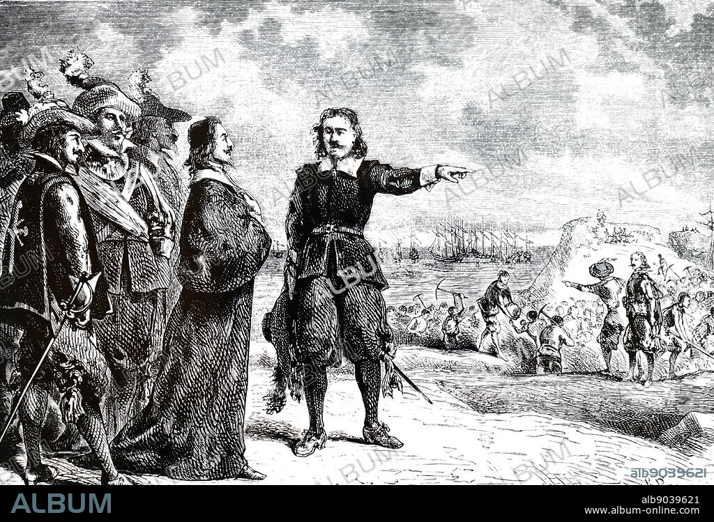 An engraving depicting Cardinal Richelieu visiting Girard Desargues during the fortification of La Rochelle. Cardinal Richelieu (1585-1642) a French clergyman, nobleman, and statesman. Dated 19th century.